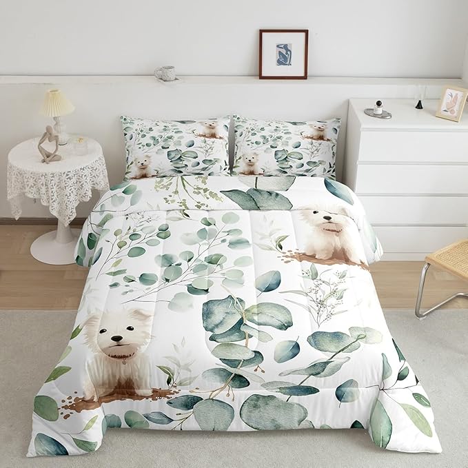 Erosebridal Cute Dog Toddler Bedding Sets for Kids Child Green Eucalyptus Comforter Set, Pet Animal Bedding Comforter Sets Botanical Plant Leaves Duvet Insert, Cartoon Pug Puppy Down Comforter