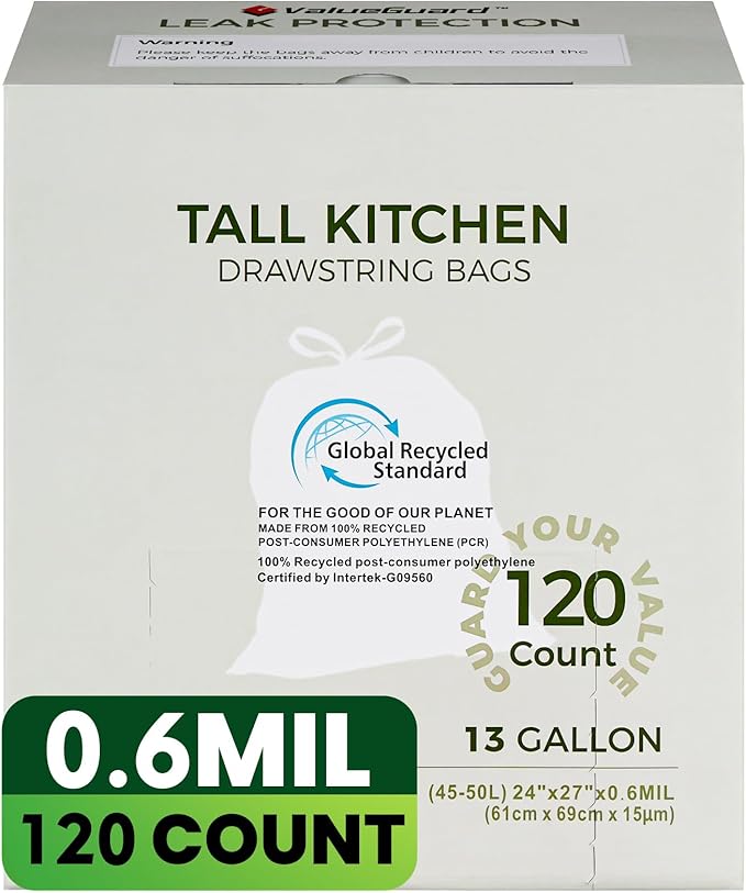 Large Trash Bag 13 Gallon Tall Drawstring 100% Post-Consumer Recycled Garbage Bag Waste Bag for Kitchen Office (120 Count, 0.6 Mil)