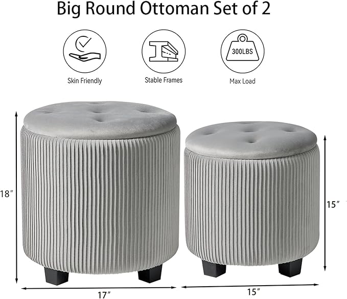 Big Round Ottoman with Storage Set of 2,Upholstered Velvet Vanity Stool for Makeup Multifunctional Foot Rest Coffee Table Padded Seat Tufted Ottomans for Living Room&Bedroom (Grey)