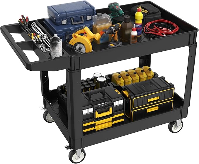 2 Tier Plastic Rolling Cart Utility Cart on Wheels, Heavy Duty Tool Carts with Ergonomic Storage Handle and Deep Shelfs, Work Cart Service Carts for Garage, Warehouse, Workshop, Office, Cleaning