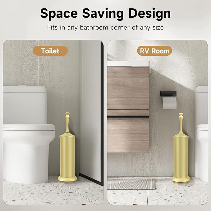 Gold Toilet Brush and Holder，Extra Long Handled Toilet Brush for Bathroom，Stainless Steel Heavy Duty Toilet Bowl Brush,Deep Cleaning Modern Toilet Cleaner Brush -Space Saving, Covered Brush, Durable