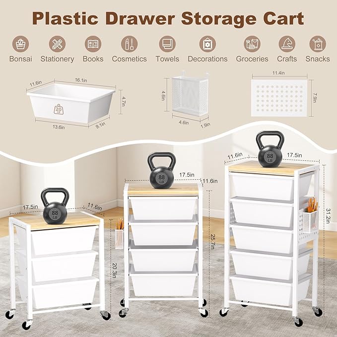 Rolling Cart with Drawers, Rolling Storage Cart with 5 Large Plastic Drawers & Wooden Tabletop, Utility Cart with Pegboards & Basket, Storage Drawers Cart for Living Room, Classroom, Bedroom, Office