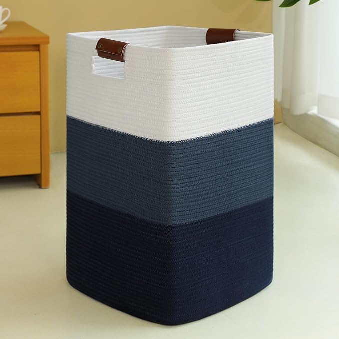 Laundry Hamper 96L Extra Large Laundry Basket, Woven Blanket Basket, Cotton Woven Storage Hamper with Handles for Living Room, Large Baskets for Pillows, Blankets, Clothes-Gradient Blue