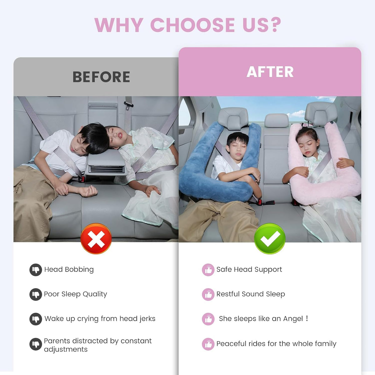 Car Pillow for Kids, Professional Inflatable Kids Car Pillow for Sleeping Carseat Travel - Safe, Reliable - Inflatable Travel Pillows for Kid Adult Car Seats Pink