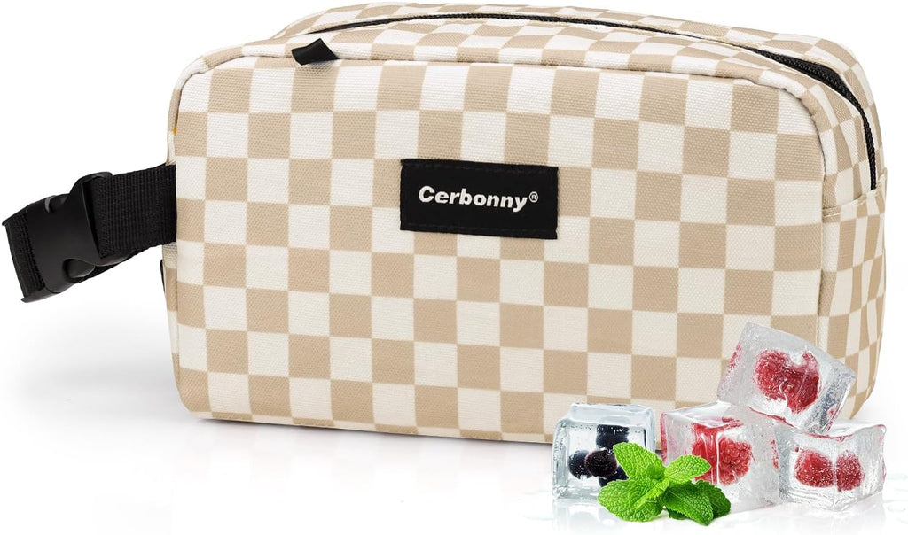 Small Cooler Bag Freezable Lunch Bag for Work School Travel,Small Lunch Bag,insulated snack bag For Adults/Kids,Mini Cooler,Lunch bag small Fit For Yogurt（Khaki Checkerboard)