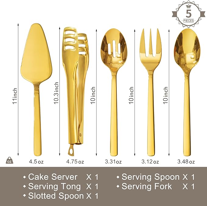 KINGSTONE Large Hostess Gold Serving Utensils Set,18/10 Stainless Steel Heavy Duty 10inch Serving Spoons,Slotted Spoons,Serving Fork,Serving Tongs, Cake Pie Server For Buffet, Wedding, Party