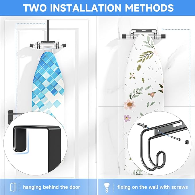 Over The Door & Wall Mount Ironing Board Hanger with Removable Hook, Metal Ironing Board Holder Organizer Wall Rack for Y & T Shaped (Black)