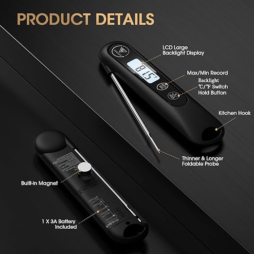 DOQAUS Digital Meat Thermometer, Instant Read Food Thermometer for Cooking, Kitchen Probe with Backlit, Cooking Temperature Probe for Turkey, Grill, BBQ, Baking, Bread, Sourdough