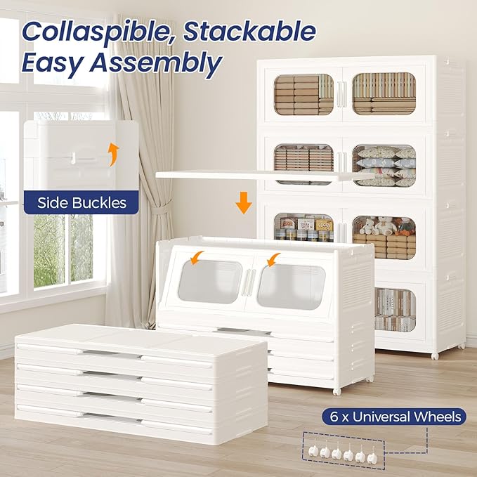 200GAL Extra Large Storage Bins with Lid, 800QT Storage Bins with Wheels, Folding Closet Organizer, Stackable Collapsible Plastic Storage Containers for Home, Office, Dorm, 4Pack White