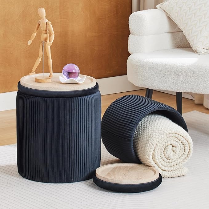 Round Ottoman with Storage Set of 2-Upholstered Velvet Vanity Stool for Makeup Multifunctional Ottomans Coffee Table Padded Seat Foot Rest for Living Room&Bedroom (Black-Upgrade Tray Lid)