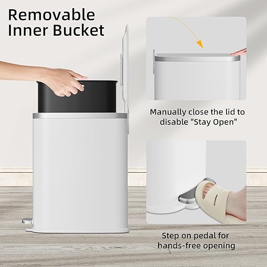 KUK Slim Bathroom Trash Can with Lid Soft Close, Step Pedal, 2.6 Gal/ 10L Stainless Steel Garbage Can with Removable Inner Bucket, Anti-Fingerprint Wastebasket for Office, Bedroom, Toilet (White)
