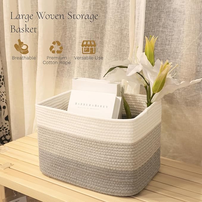 Hopegiver Woven Storage Baskets 15x11x10 Inch, 3 Pack Collapsible Cube Storage Bin for Shelves - Foldable Cotton Rope Organizer Bins for Towels, Toys, Books, Closet, Nursery (White Light-Gray Gray)
