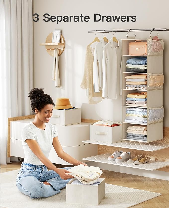 Pipishell Hanging Closet Organizer 6-Shelf, Hanging Shelves for Closet with 3 Removable Drawers & Side Pockets, Hanging Shelf Organizer for Bedroom or Garment Rack, 12'' x 12'' x 43.3'', White