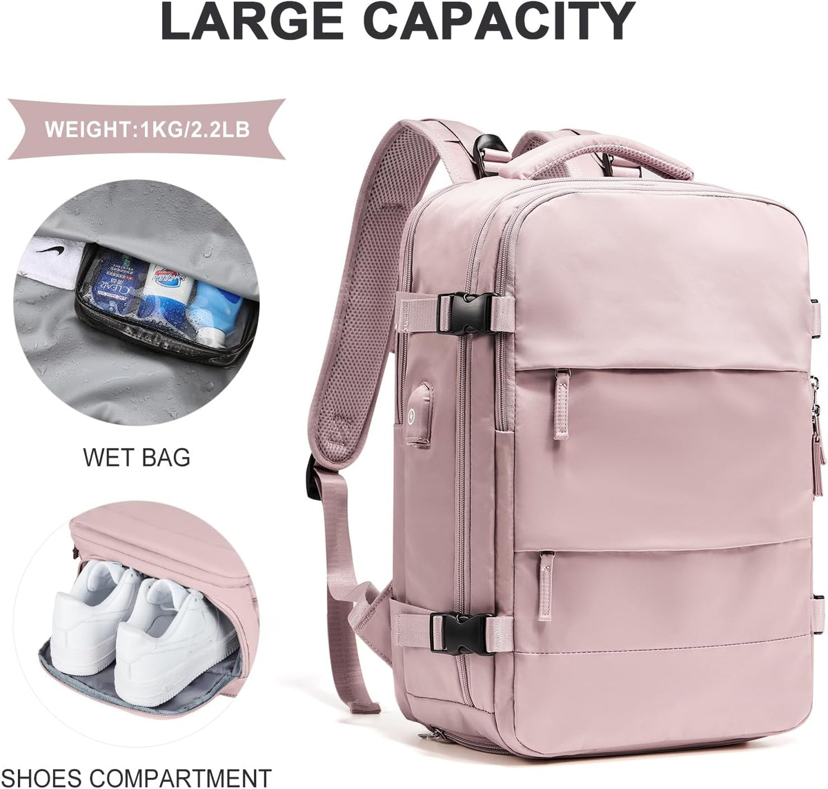 coowoz Large Travel Backpack For Women Men,Carry On Backpack Flight Approved,Hiking Backpack Waterproof Outdoor Rucksack Casual Daypack Fit 15.6 Inch Laptop Shoes Compartment (Pink Purple-L)