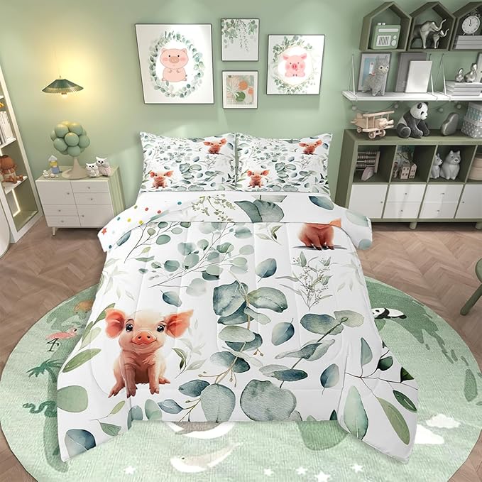 Erosebridal Kawaii Pig Twin Size Comforter Set for Boys Girls Cartoon Animal Bedding Set, Eucalyptus Leaves Down Comforter Farm Wildlife Bed Set, Tropical Botanical Plants Quilted Duvet