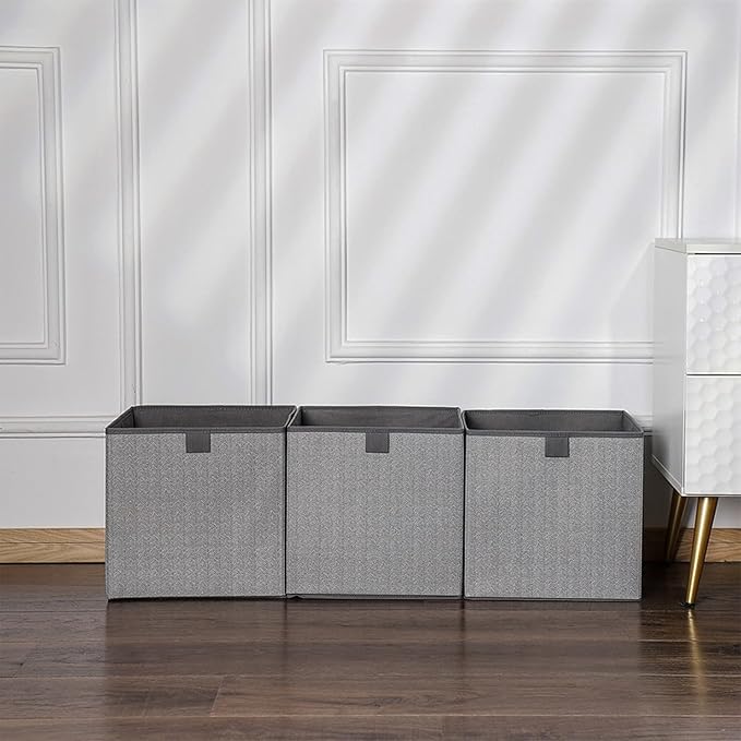 Storage Baskets, 11.8-Inch Woven Fabric Bins, Storage Cubes with Reinforced Handles, Organizer Bins for Closet Shelves, Foldable, for Toys, Clothes, Natural Beige (3PCS/Grey-11.8*11.8*11.8inch)