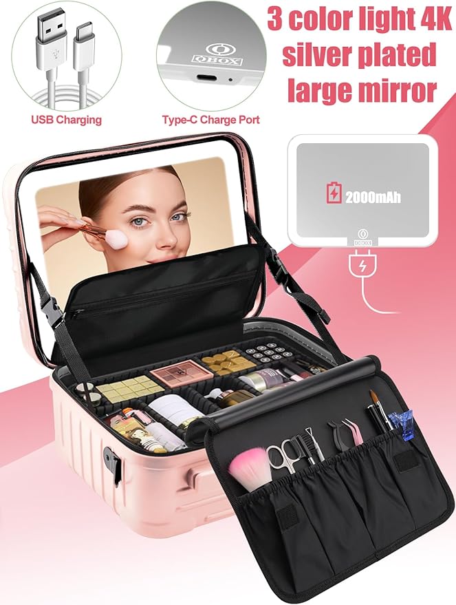 Kalolary Travel Makeup Train Cases,Makeup Bag with 3 Color Lighted Mirror Cosmetic Case Organizer Bag with Adjustable Dividers & Shoulder Strap 3 Layer Portable Makeup Storage Box for Women,Pink