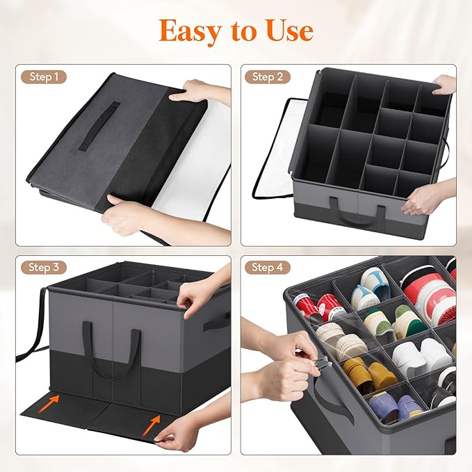 Lifewit Shoe Storage Organizer for Closet Fits 12-16 Pairs, Fabric Large Shoe Box Storage Containers with Clear Cover, Foldable Bins Fit for Boots Sneakers 17"(L) x 17"(W) x 12.5"(H) Gray and Black
