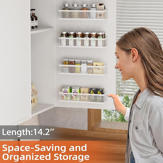 Spice Rack Wall Mount, 4 Pack Wall Spice Rack & Hanging Storage Baskets Organizer Wall Mount, Large Capacity Metal Spice Shelf for Kitchen Cabinet, Pantry Doors, Bathroom, Shower, Home Decor