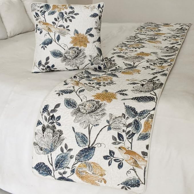 The HomeCentric King/Queen/Twin Blue & Ivory Decorative Queen 74"x18" Bed Runner with Pillow Cover, Bird, Pearl & Quilted Bed Scarf on Linen Fabric - Vintage Birdena