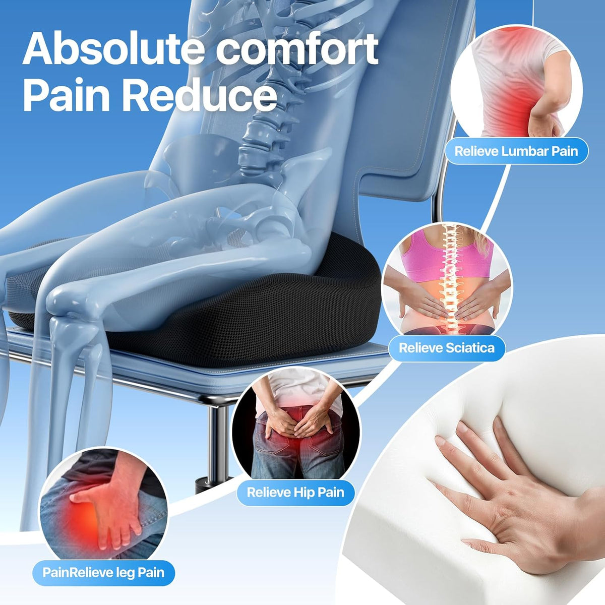 Seat Cushion, Extra Large Memory Foam Cushion for Office Chair Cushions, Ergonomic Cushions Pad Pillow for Pressure Relief Sciatica & Pain Relief for Long Sitting