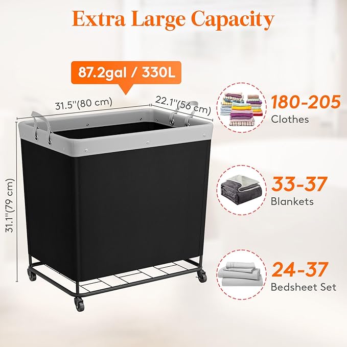 Lifewit 330L Laundry Basket with Wheels, Large Heavy Duty Commercial Rolling Laundry Hamper with Handles, Tall Steel Frame Laundry Cart for Laundry Room Bedroom Hotel Home Dorm, Black