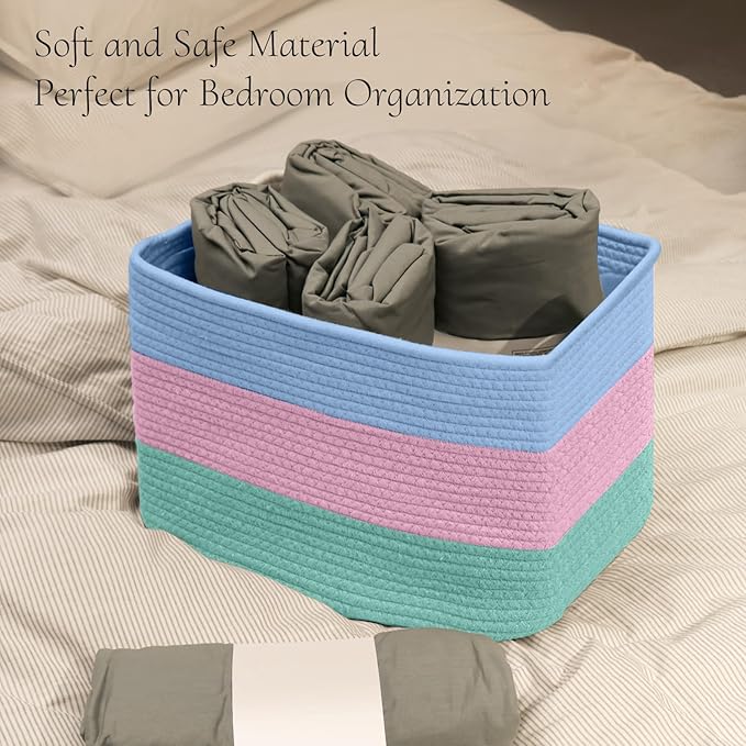 Hopegiver Woven Storage Baskets 15x11x10 Inch, 3 Pack Collapsible Cube Storage Bin for Shelves - Foldable Cotton Rope Organizer Bins for Towels, Toys, Books, Closet, Nursery (Blue Pink Green)