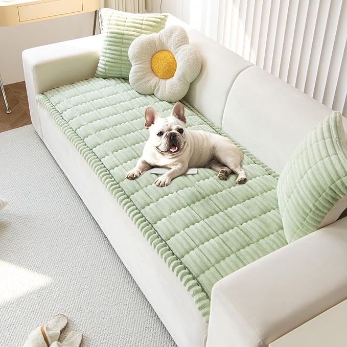 OTOB Couch Covers for 3 Cushion Sofa Pet Friendly, Plush Fuzzy Non Slip Sofa Covers Washable, Soft All Seasons Sofa Slipcovers Furniture Protector Dog Bed Mat (Matcha Green, 27.6" x 82.7")