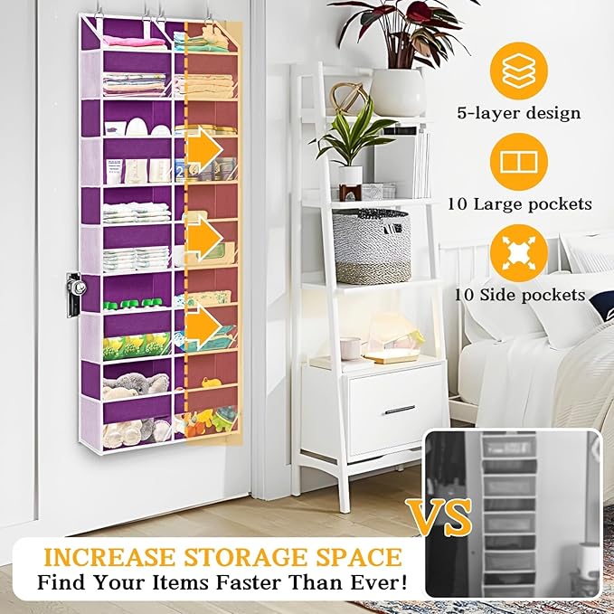 Over The Door Organizer 5 Tiers, Extra Large Behind Door Storage of 10 Compartments, 80 lbs Weight Capacity Hanging Storage Organizer with Clear Window Kids Toys,Shoes,Diapers,Room Storage,Purple