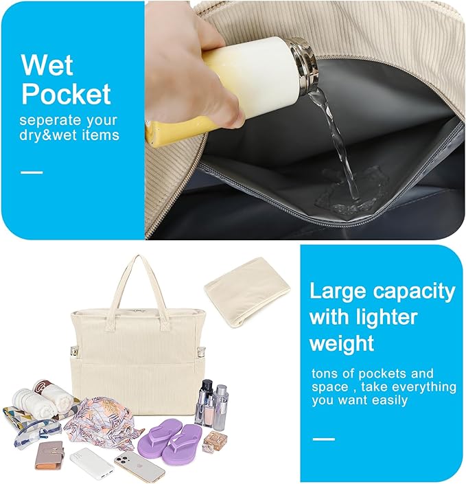 Beach Pool Bags Tote for Women Ladies Large Gym Tote Carry On Bag With Wet Compartment for Weekender Travel Waterproof