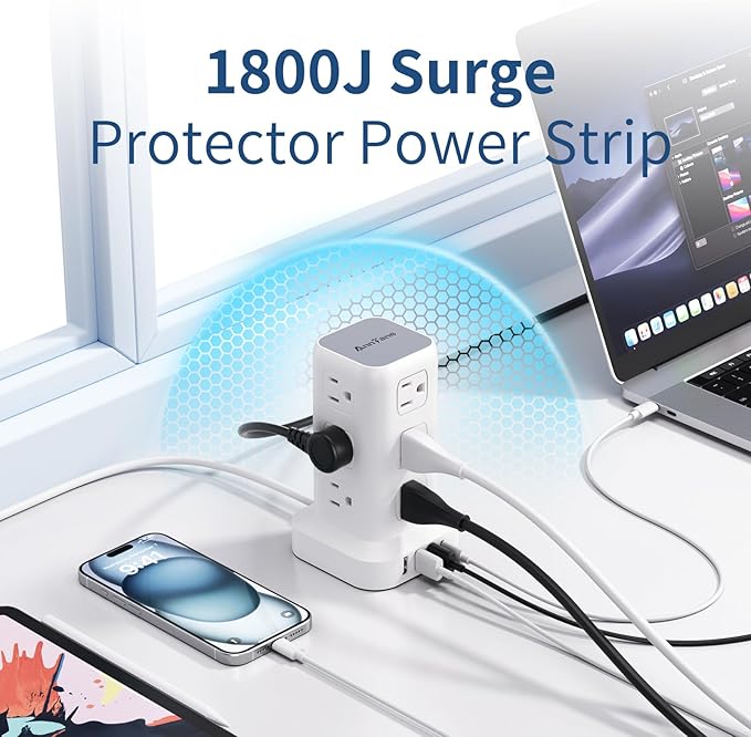 Surge Protector Power Strip 6.5 FT Cord, Power Strip Tower with 4 USB Ports (1USB C), Extension Cord with 12 AC Multiple Outlets, Home Office Supplies Desk Accessories, Dorm Room Essentials