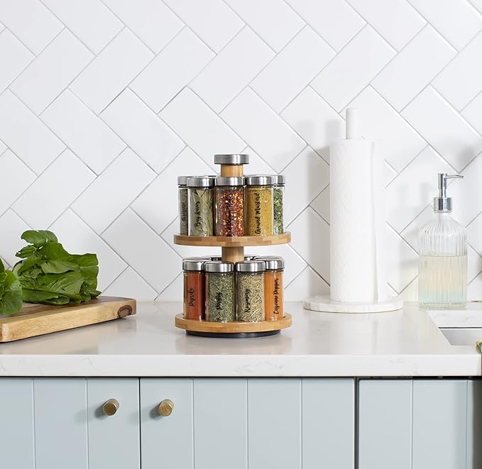 Orii 16 Jar Spice Rack with Spices Included - Rotating Countertop 2 Tier Tower Organizer for Kitchen Spices and Seasonings, (Bamboo Wood)