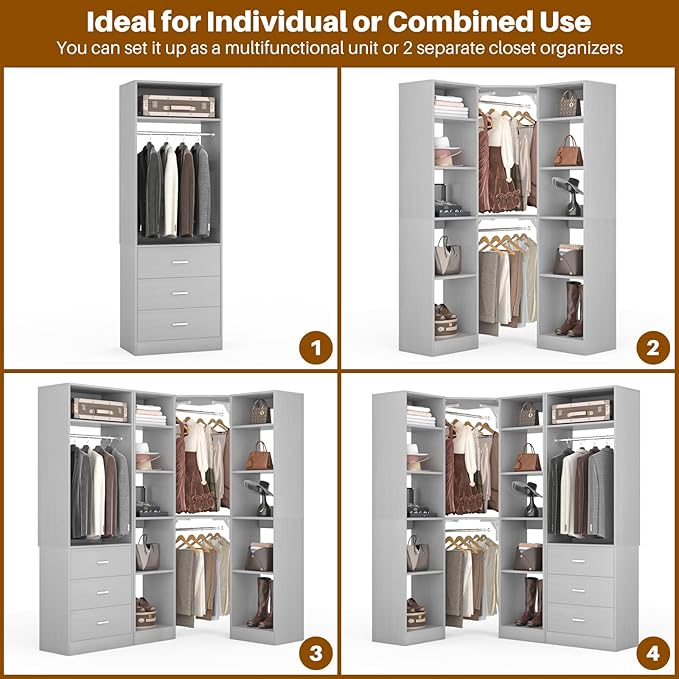 Corner Closet System with 3 Drawers, Corner Closet Organizer System with 13 Shelves & 3 Hanging Rods, 63.2"L * 39.2"W Reversible L Shaped Walk-in Closets, Load 2000+LBS, Grey