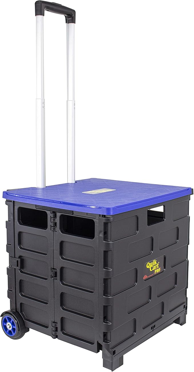 dbest products Quik Cart Pro Wheeled Rolling Crate Teacher Utility with seat Heavy Duty Collapsible Basket with Handle, Blue