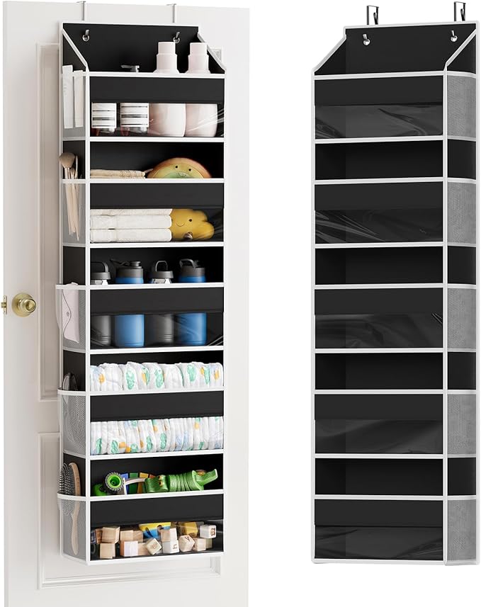 SpaceAid 1 Pack Over The Door Organizer with 5 Large Pockets and 10 Mesh Side Pockets, 5 Layers Door Organizer Hanging with Clear Window for Bedroom, Bathroom, Pantry and Nursery, Black