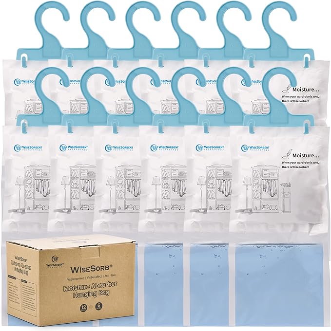 12 Pack (7 oz. ea.) Moisture Absorber Refill Hanging Bags, Moisture Absorber Packets with Reusable 6pcs Hooks, Humidity Packs, Hanging Closet Dehumidifier Bags