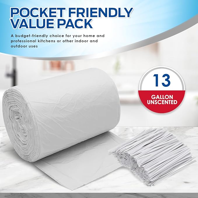 PAMI 13-Gallon Tall Garbage Bags [130-Pack, White] With Twist Ties - Unscented, Odor-Control Trash Can Liners - Strong Multipurpose Plastic Trash Bags For Kitchen, Bathroom, Office