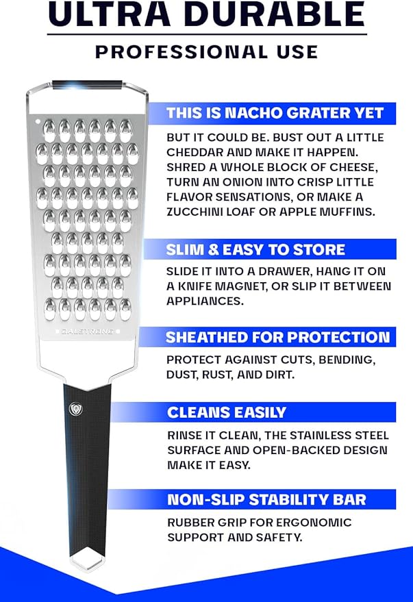 Dalstrong Professional Wide Cheese Grater - Extra Coarse - #304 Stainless Steel Blade - G10 Handle Kitchen Shredder - w/Blade Guard - Fruits & Vegetables, Hard Cheese, Chocolate - NSF Certified