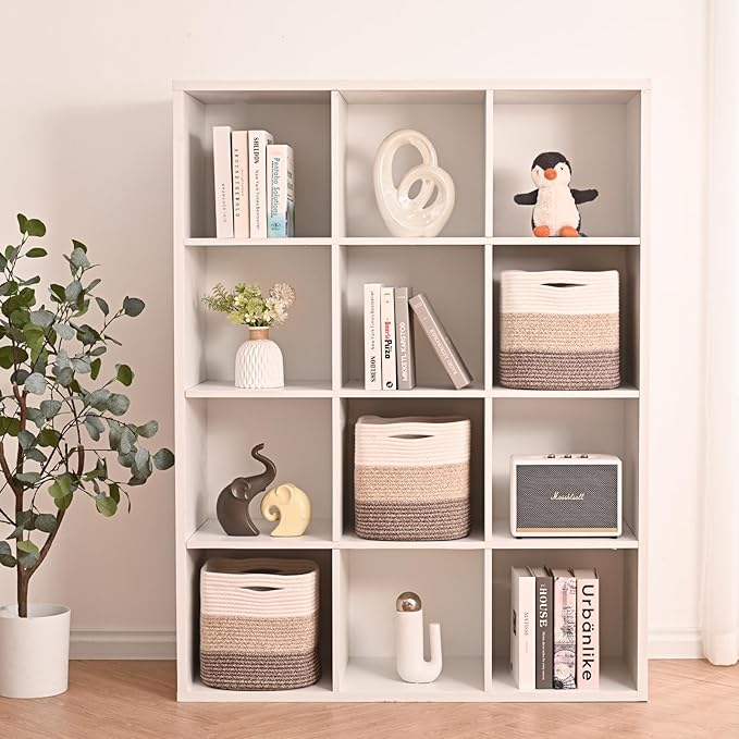 11 Inch Cube Storage Bins, Storage Cube Organizer Bins, Woven Cotton Rope Baskets for Storage, Storage Basket for Organizing Shelves, Square Baskets for Toys, Gradient Brown (Pack of 3)