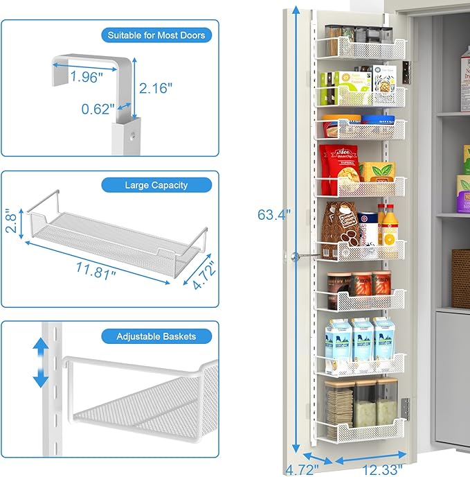 12.3" W Narrow Over the Door Pantry Organizer, 8-Tier Over the Door Organizer with Adjustable Basket, Pantry Door Organization for Pantry Kitchen Storage Room Spice Rack, White