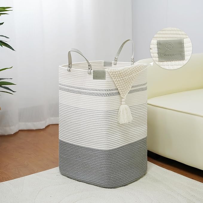 danpinera 75L Woven Laundry Hamper with Long Leather Handles, Baby Laundry Basket for Nursery, Tall Hampers for Bedroom Aesthetic, Decorative Clothes Storage Basket for Family White & Gray