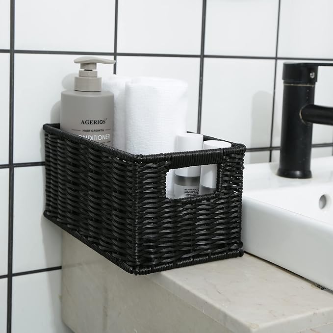 HOONEX Wicker Baskets for Storage, Plastic Baskets for Organizing with Dual Handles, Woven Baskets for Storage, Set of 2, Black