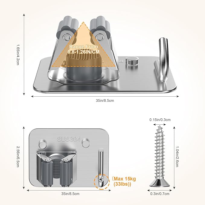 4 Pack Stainless Steel Mop and Broom Holder Wall Mount with Hook, Screw Drilling Mop and Broom Hanger, Single Heavy Duty Storage Rack for Laundry Garage Closet Garden Tool Organizer, Silver