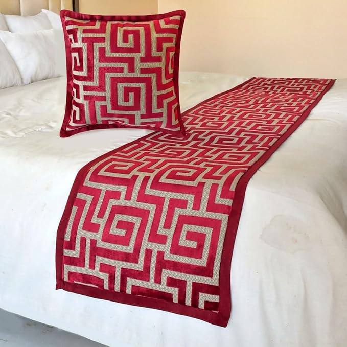 The HomeCentric King/Queen/Twin Red Designer CA King 86"x18" Bed Runner with Pillow Cover, Maze Bed Scarf on Velvet Fabric - Path