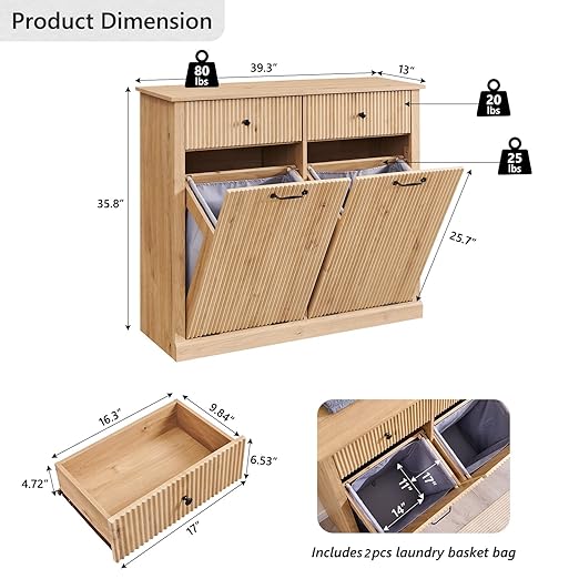 Modern Double Tilt-Out Trash Cabinet, 20 Gallon Fluted Laundry Hamper Cabinet with 2 Drawers, Wooden Hidden Garbage Can Cabinet with Storage Basket for Kitchen & Living Room, Natural Oak