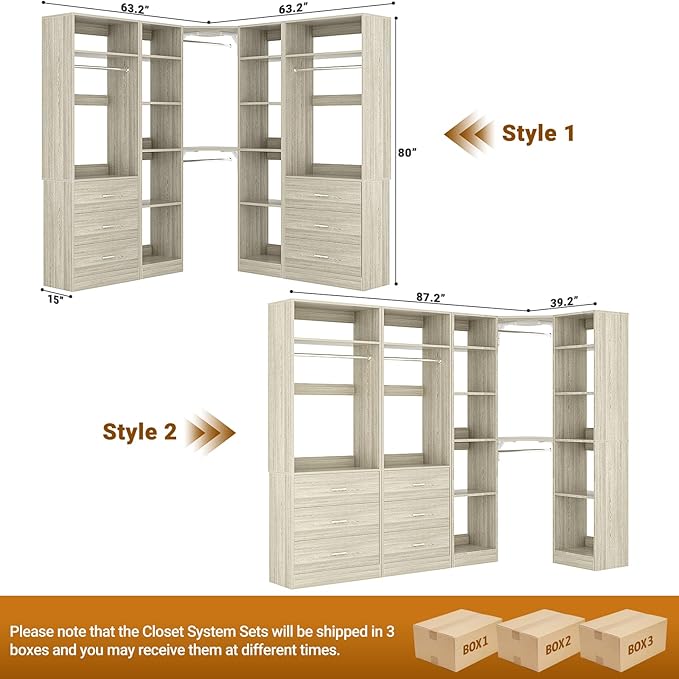 Corner Closet System with 6 Drawers, Closet Organizer System with 14 Shelves & 4 Hanging Rods, 87.2"L * 39.2"W / 63.2"L * 63.2"W Reversible L Shaped Walk-in Closets, Load 2500+LBS, White Oak