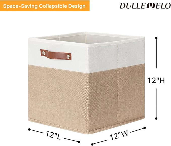 DULLEMELO Cube Storage Bins,12 x 12 x 12 inch Fabric Storage Cubes for Organizing,Collapsible foldable Linen Canvas Closet Storage Bins for Shelves Closet Bedroom Toys Home Office(White&Khaki-4 Pack)