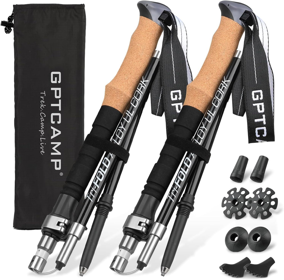 GPTCAMP Nordic Walking Stick, TPZ-1, 2pc Folding Collapsible Hiking Poles with Metal Quick Lock, Cork Handle, Lightweight 7075 Aluminum Trekking Poles for Seniors Women Men Hiking Gear