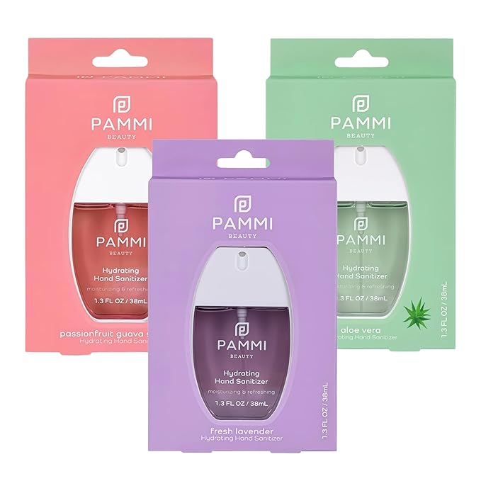 PAMMI Power Mist Hydrating Hand Sanitizer Spray, Portable Travel Size Pocket Hand Sanitizer, Scented Handsanitizer Mini Spray For Car - 600 Sprays (3 Pack (Aloevera, Guava, Lavender))