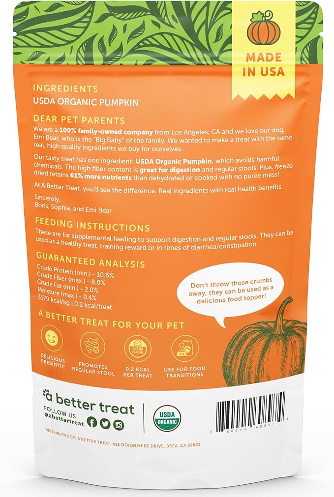 A Better Treat – Freeze Dried Organic Pumpkin Dog and Cat Treats, Organic, Single Ingredient | Natural, Healthy, Diabetic Friendly | Made in The USA